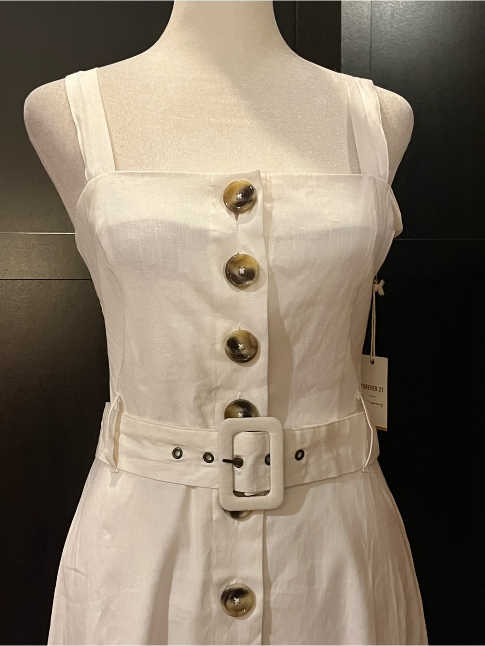 White linen blend dress. Button front, belted. Square neckline. Stretchy. M. NWT - Picture 2 of 9